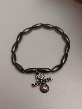 SJC 925 Sterling Silver I Heart Softball Charm On Non Magnetic Hematite Bracelet